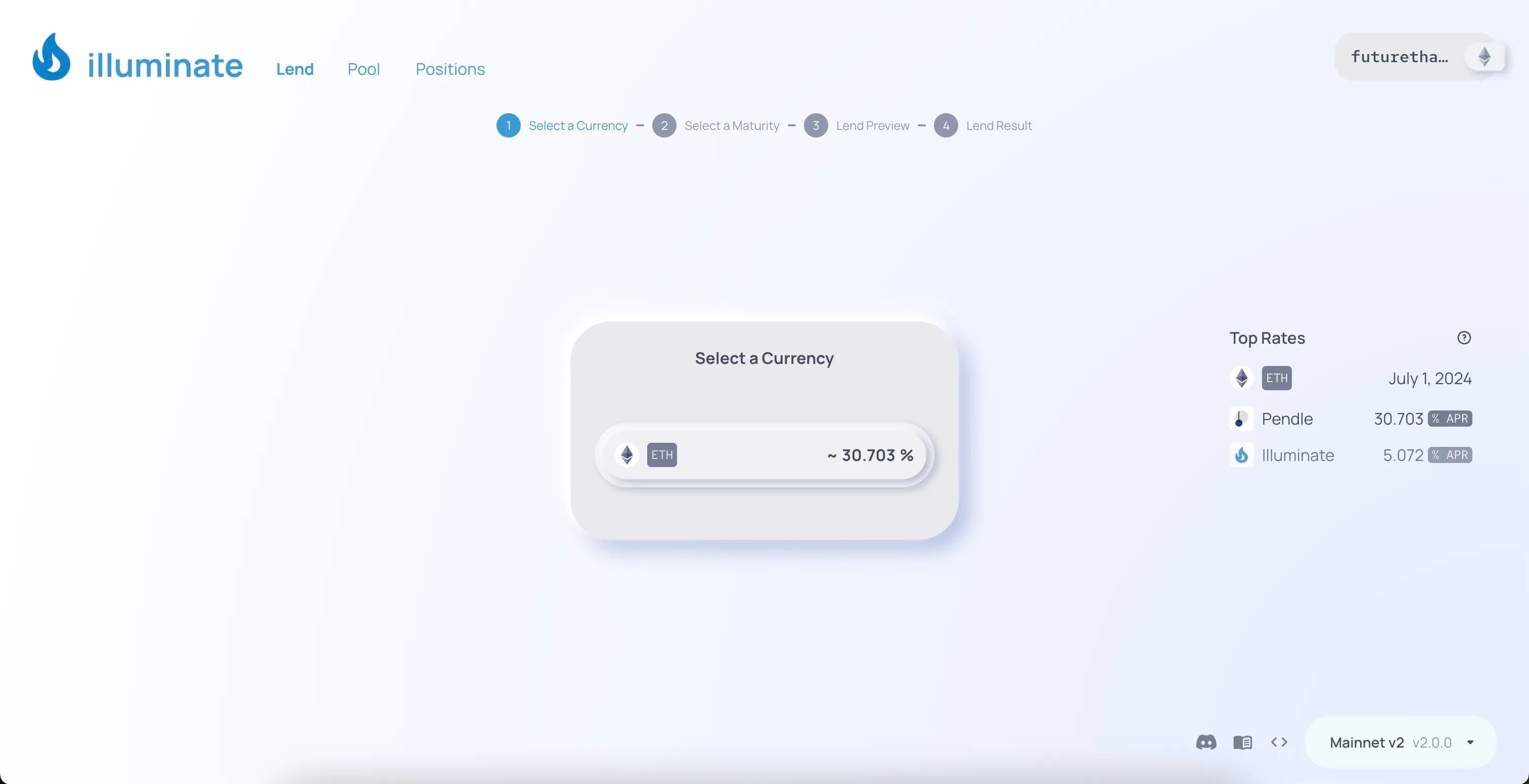 Illuminate Finance's initial landing state UI in production app, for selecting assets to lend.